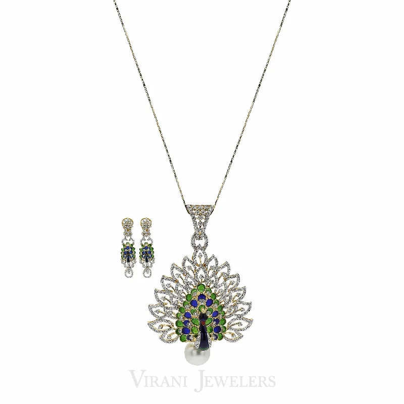 women’s vintage pendant necklaces-Peacock Diamond Pendant Necklace & Earring Set in 18K Gold W/ 4.51CT Round Diamonds