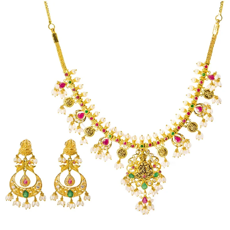 women’s bold statement necklaces-22K Yellow Gold Temple Guttapusalu Necklace Set W/ Emeralds, Rubies, CZ Gems, Pearls & Laxmi Pendant