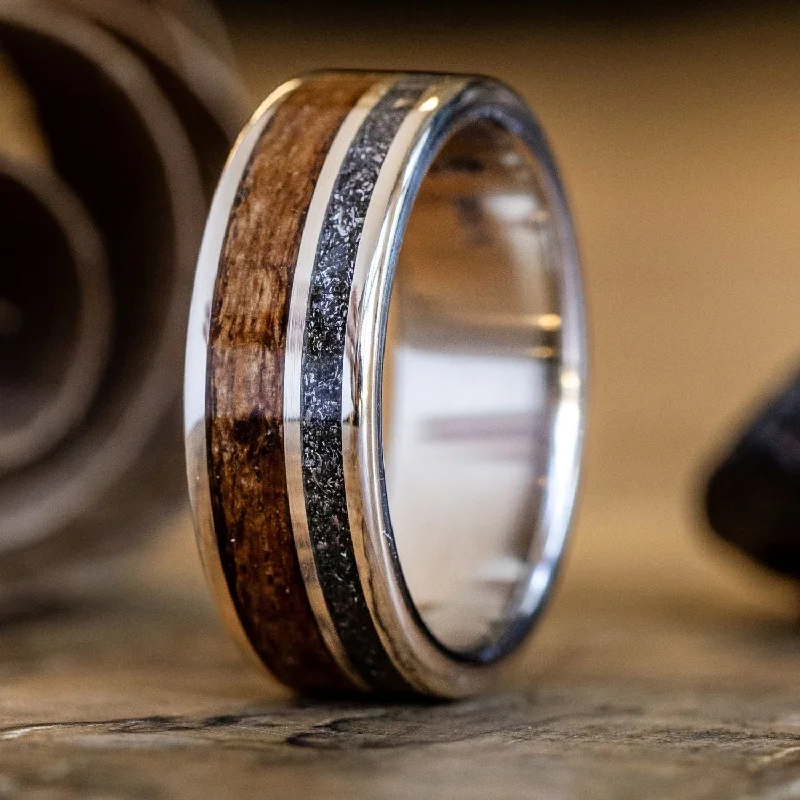 women’s classic engagement rings-The Expedition | Men's Gold Meteorite Wedding Band with USS North Carolina Battleship Teak Wood