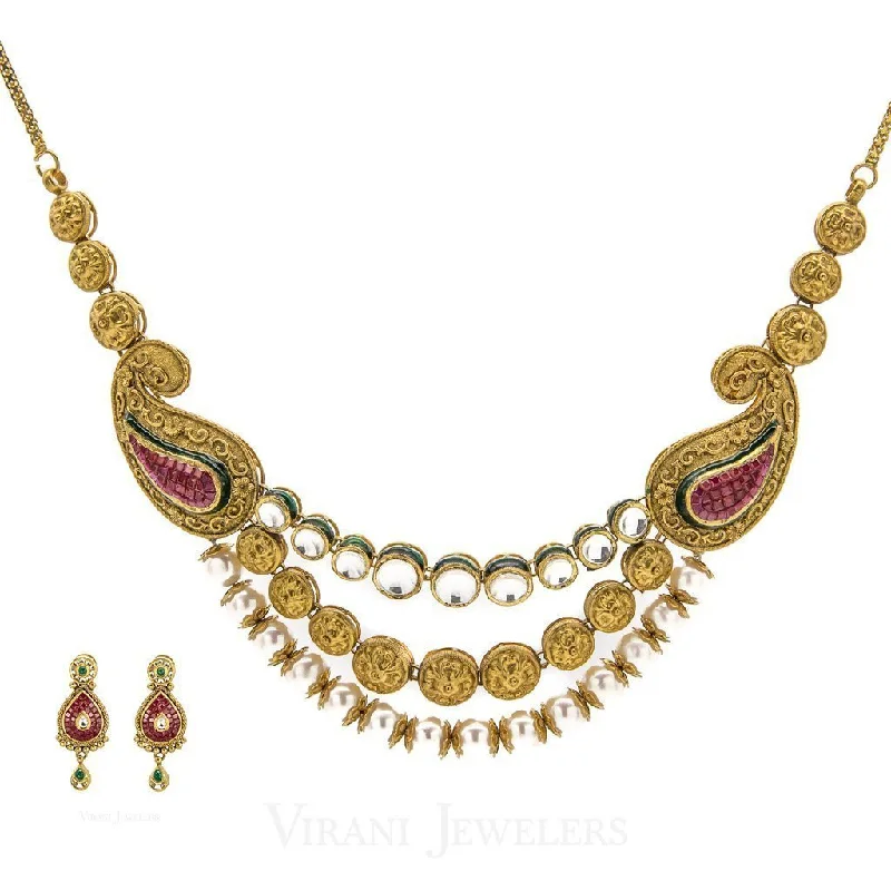 women’s choker necklaces-22K Antique Gold KundanNecklace & Earring Set W/ Pearl & Hand-Painted Accents