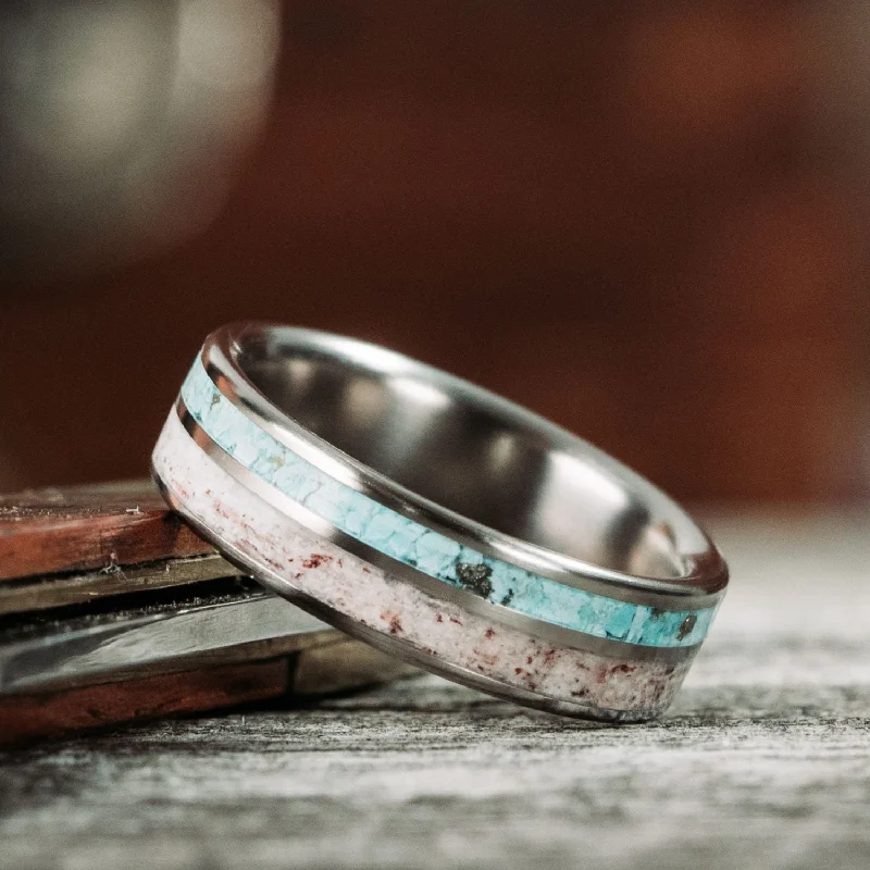 women’s platinum solitaire engagement rings-The Wapiti | Women's Titanium Wedding Band with Elk Antler and Turquoise