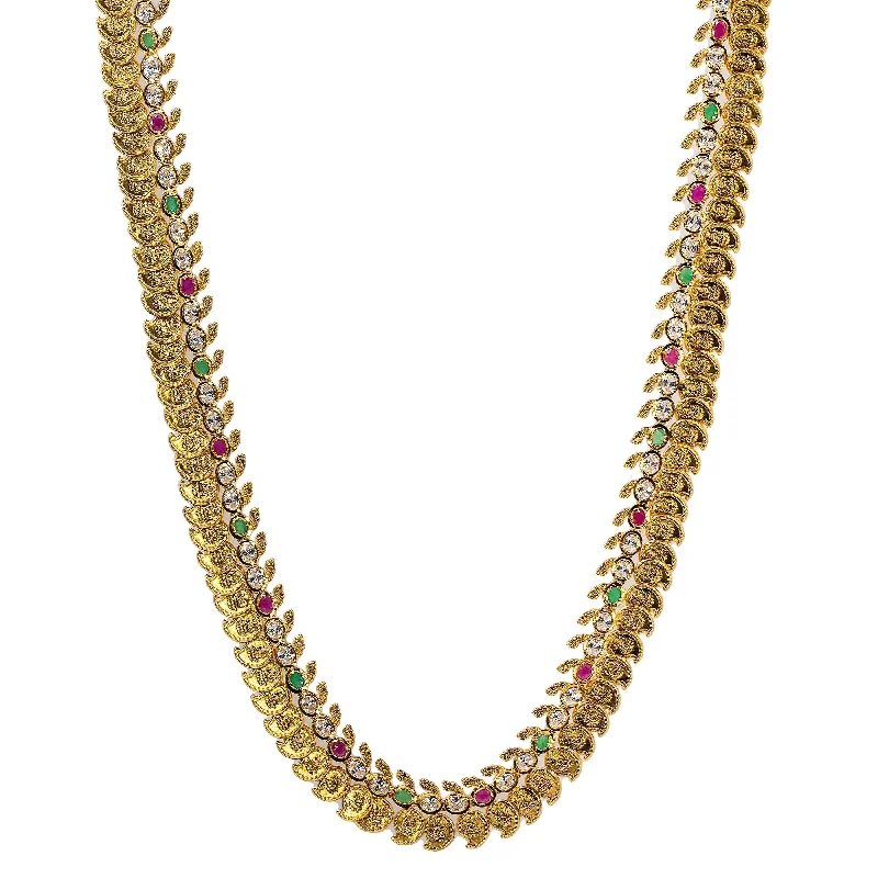 women’s vintage gold necklaces-22K Yellow Antique Gold Laxmi Mango Haaram Necklace W/ Rubies, Emeralds, Pachi CZ & Adjustable Drawstring Closure