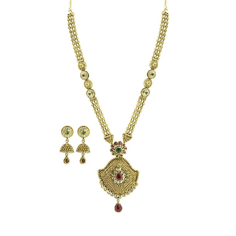 women’s pearl-studded necklaces-22K Yellow Gold Necklace & Jhumki Earrings Set W/ Kundan & Beaded Three Strand Necklace