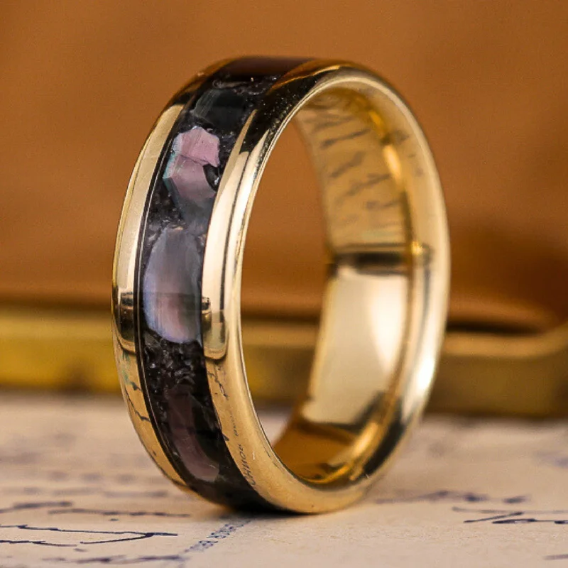 women’s round engagement rings-The Dark Tide | Men's Gold Wedding Band with Black Mother of Pearl