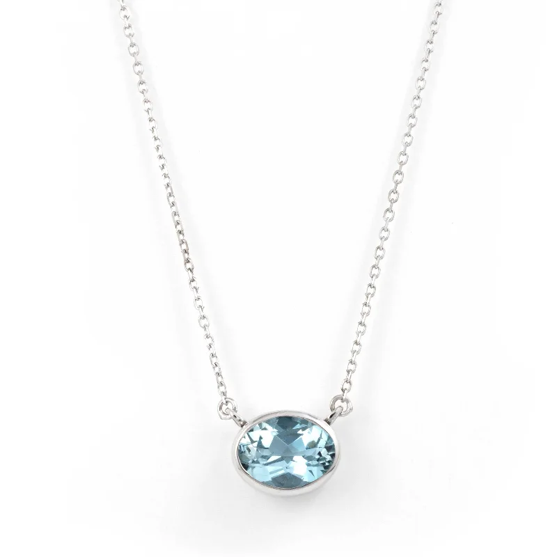 women’s diamond-studded necklaces-Oval Blue Topaz Necklace, 14K White Gold