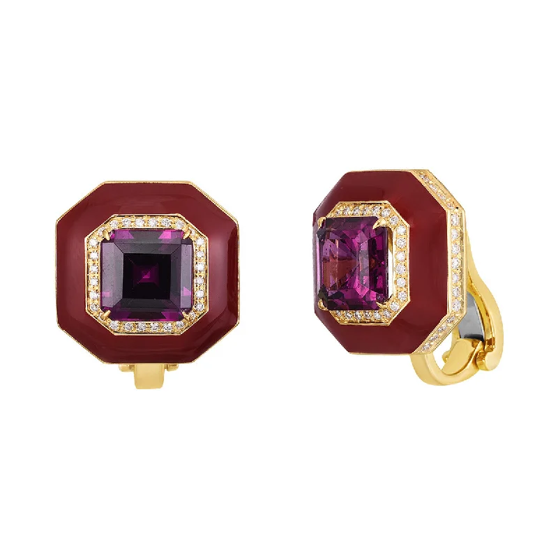 women’s rhinestone earrings-Purple Garnet and Diamond Halo Clip-on Earrings