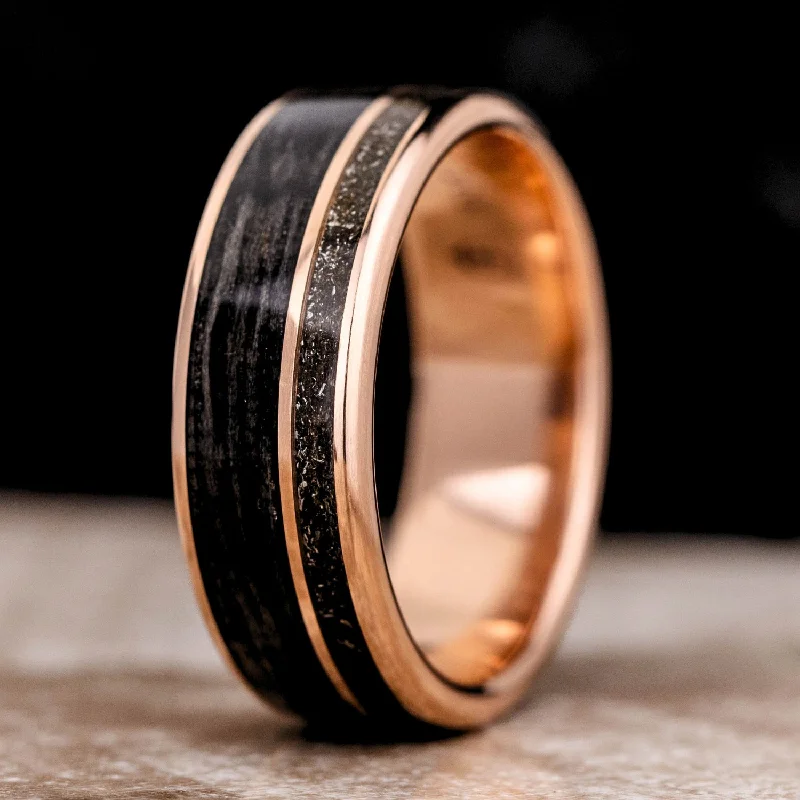 women’s oval engagement rings-The Midnight Barrel | Men's Gold Whiskey Barrel Wood & Black Meteorite Wedding Band