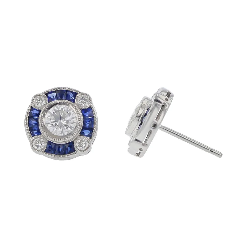 women’s bold earrings-Platinum Diamond and Sapphire Halo Stud Earrings