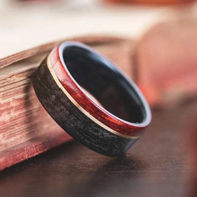 women’s wedding engagement rings-The Vanderbilt | Men's Whiskey Barrel & Bloodwood Wedding Band with Offset Metal Inlay