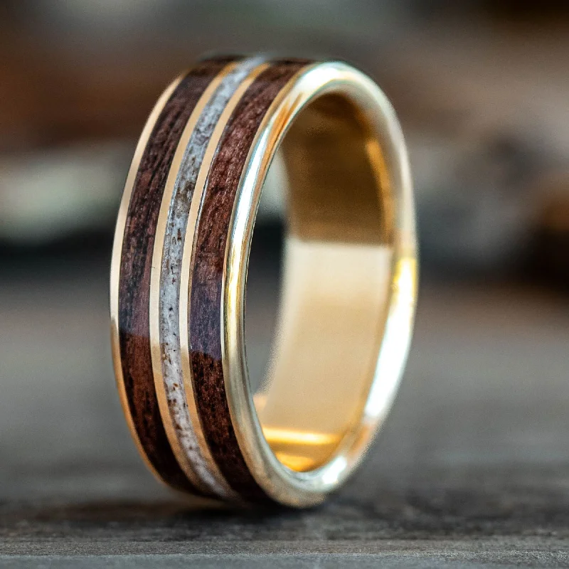 women’s intricate engagement rings-The Stag in Gold | Men's Gold Elk Antler Wedding Band with Walnut Wood