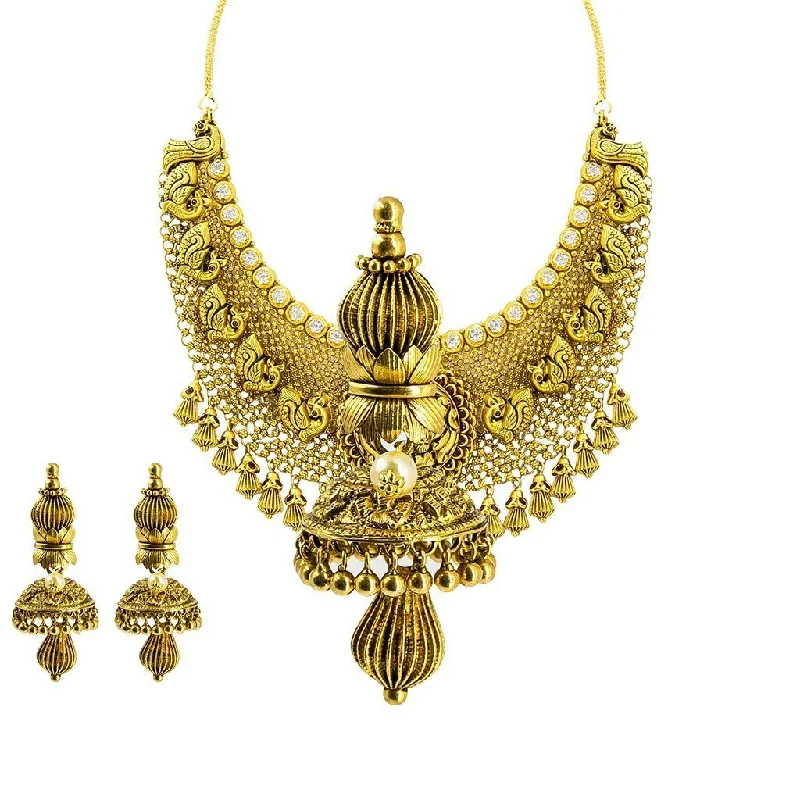 women’s vintage pendant necklaces-22K Yellow Gold Necklace & Earrings Set W/ CZ & Carved Details on Jhumki Pendant Choker