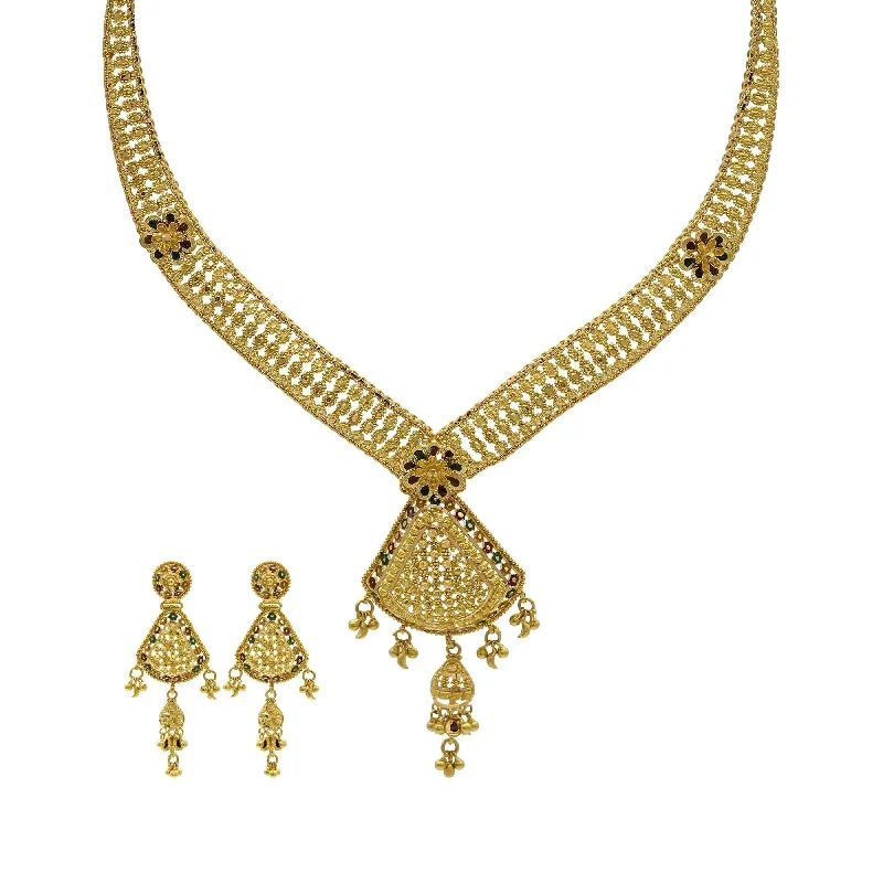 women’s elegant necklaces-22K Yellow Gold Gatework Necklace & Earring Set W/ Enamel Accents