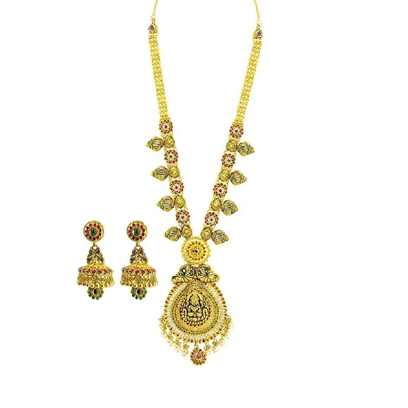 women’s nature-inspired necklaces-22K Yellow Gold Necklace & Jhumki Earrings Set W/ Pearls, Ruby, Emerald, CZ, Laxmi Pendants & Teardrop Accents