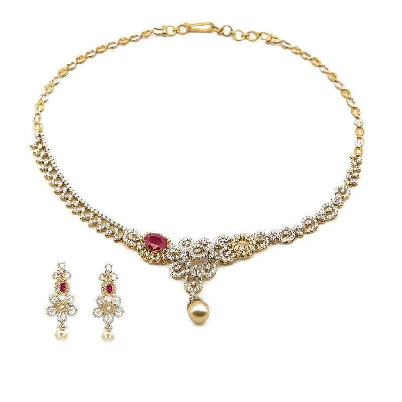 women’s elegant necklaces-5.8CT Diamond Asymmetric Necklace and Earrings Set In 18K Yellow Gold W/ Pearl & Ruby Accent