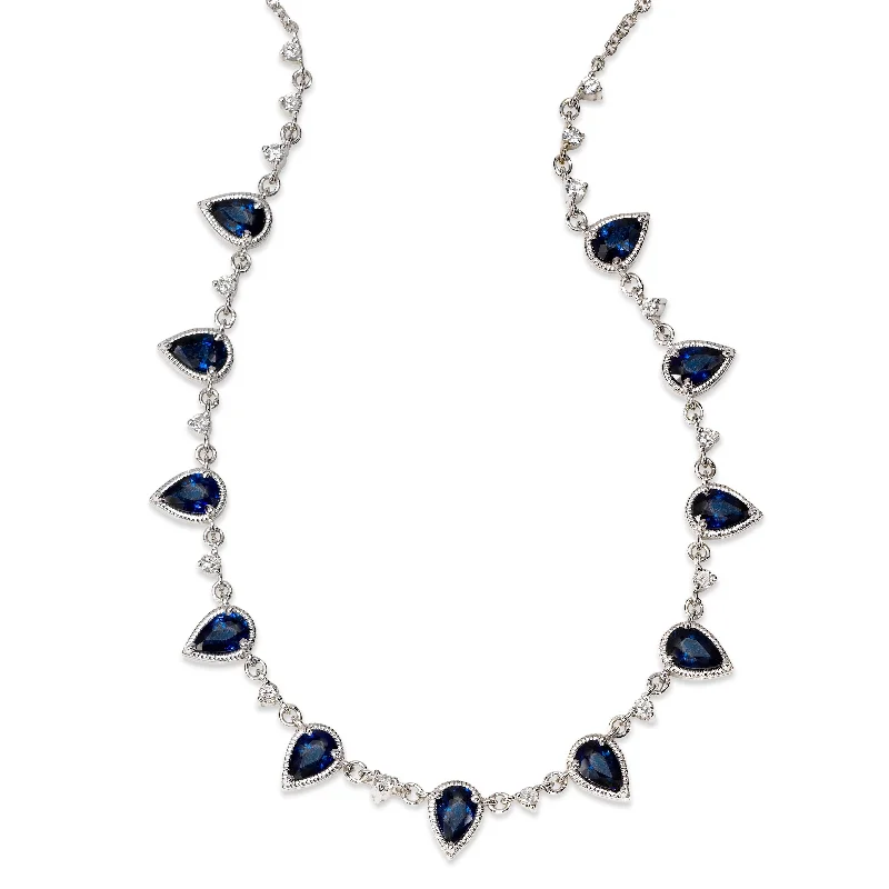 women’s long necklaces-Regal Blue Sapphire and Diamond Necklace, 14K White Gold