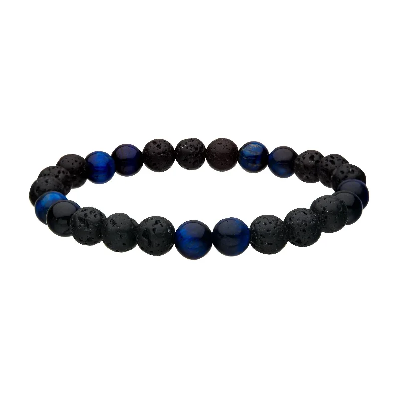 women’s chunky bracelets-8mm Lava and Tiger Eye Blue Beads 8" Bracelet BR138TEB