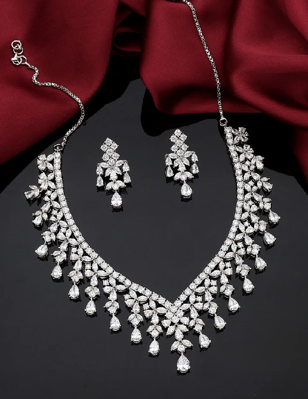 women’s heart pendant necklaces-Designer Rhodium Polish Zirconia Necklace Set