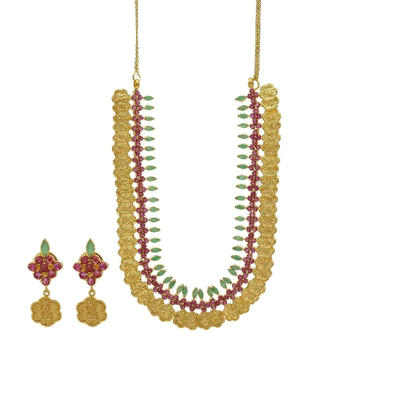 women’s cross necklaces-22K Gold Ruby Emerald Floral Kasu Necklace & Earrings Set