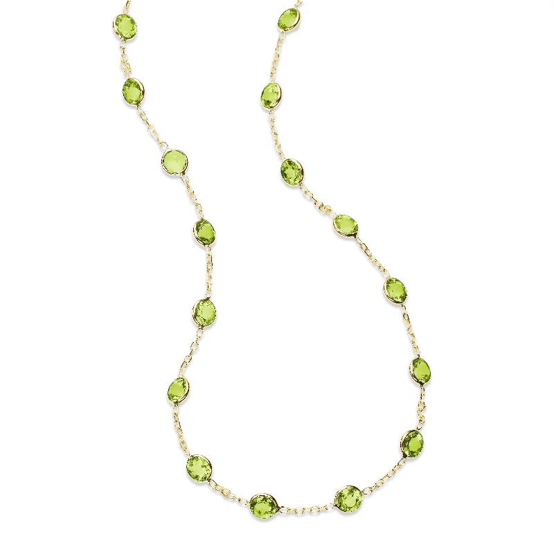 women’s star necklaces-Bezel Set Peridot Station Necklace, 18 Inches, 14K Yellow Gold