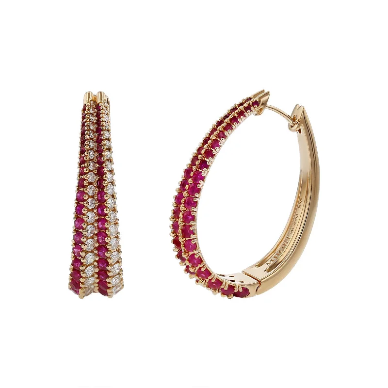 women’s layered earrings-Miiori Ruby and Diamond Oval Hoop Earrings