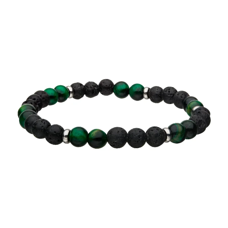 women’s custom-designed bangles-6mm Lava and Tiger Eye Green Beads 8" Bracelet BR146TEG