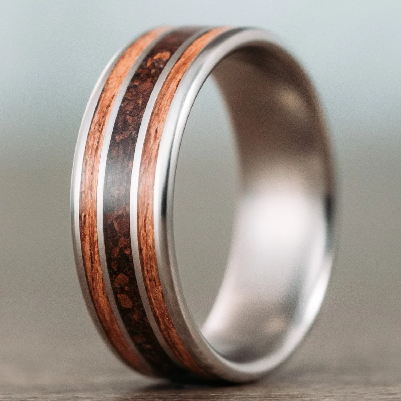 women’s special occasion engagement rings-The Campfire | Men's Titanium Wedding Band with Mesquite Wood & Coffee