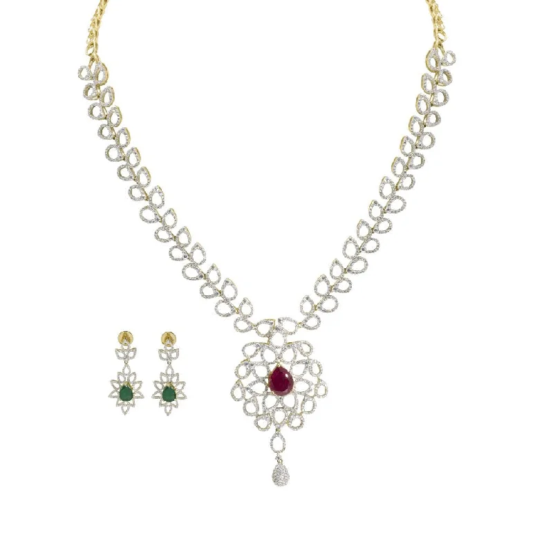 women’s platinum necklaces-18K Multi Tone Gold Diamond Necklace & Drop Earrings Set W/ 6.27ct VVS Diamonds & Interchangeable Stone on Open Cut Leaf Frame