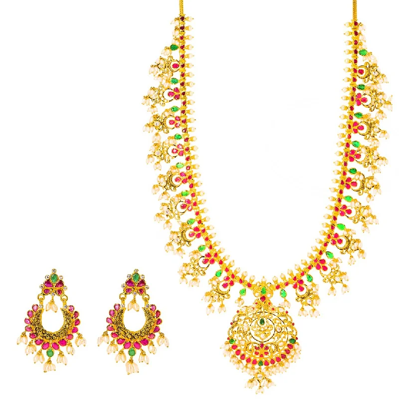 women’s geometric necklaces-22K Yellow Gold Antique Guttapusalu Necklace and Earrings Set W/ Emeralds, Pearls, CZ, Rubies & Round Pendant