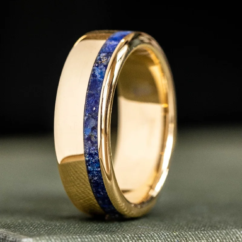 women’s luxury engagement rings-The Pharaoh | Men's Gold Wedding Band with Offset Lapis Lazuli