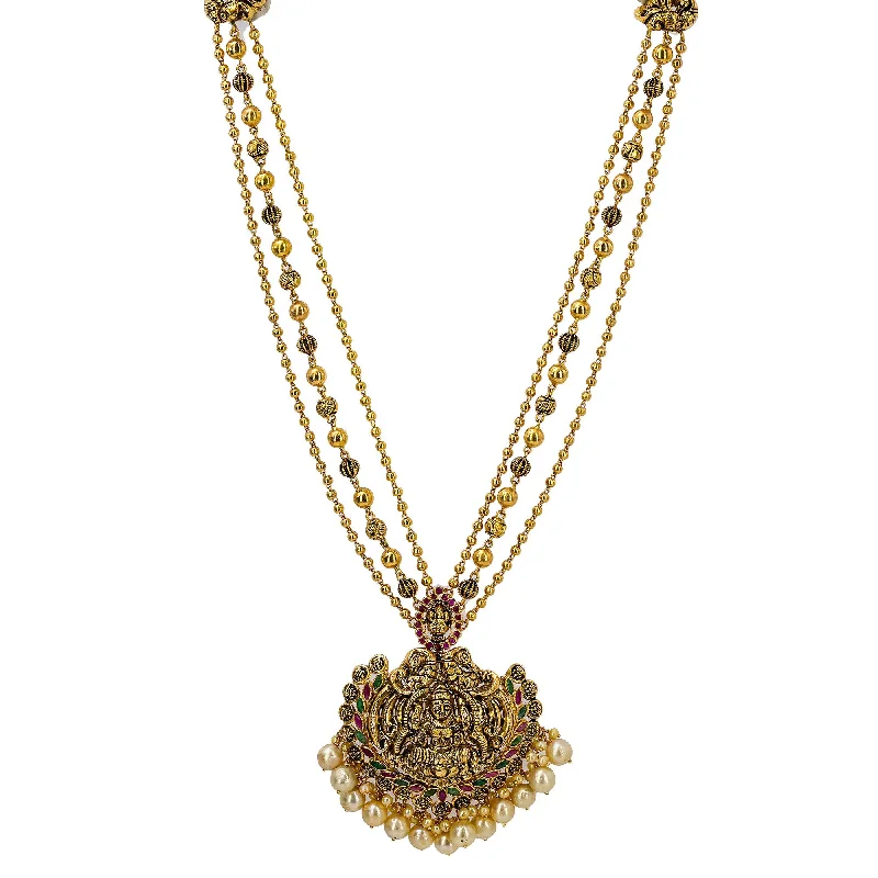 women’s infinity necklaces-22K Yellow Antique Gold Laxmi Pendant Necklace W/ Rubies, Pearls, Triple Strands & Adjustable Drawstring Closure