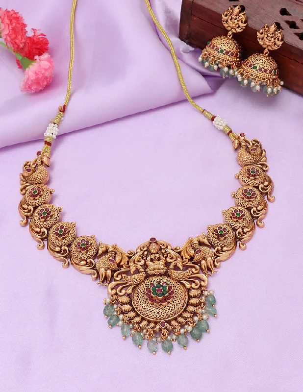 women’s bridal necklaces-Designer Matt Lakshmi Devi Ruby Emerald Necklace Set With Monalisa Beads