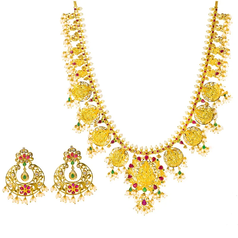 women’s statement pendant necklaces-22K Yellow Gold Temple Guttapusalu Necklace Set W/ Emeralds, Rubies, CZ Gems, Pearls & Laxmi Kasu