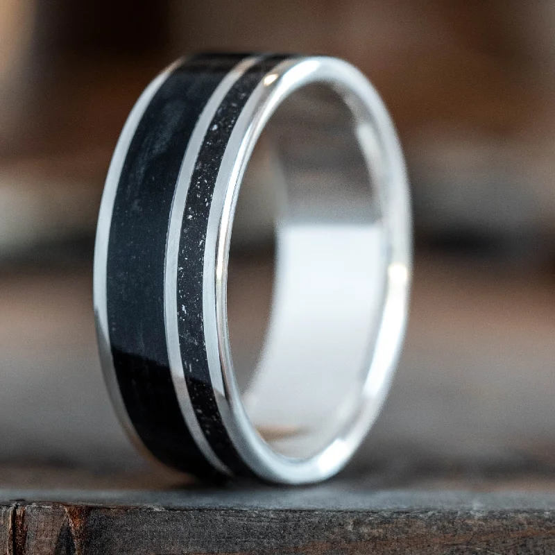 women’s princess cut engagement rings-The Midnight Barrel in Silver | Men's Silver Wedding Band with Whiskey Barrel Wood & Meteorite