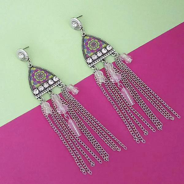 women’s adjustable earrings-Urthn White Stone Rhodium Plated Chain Drop Tassel Earrings  - 1311826F