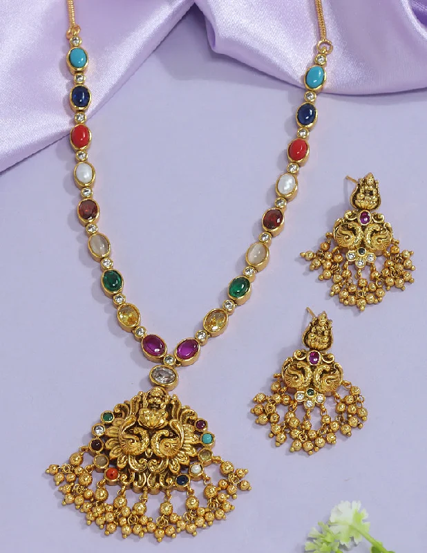 women’s bold statement necklaces-Designer Matt Plated Navaratna Necklace Set