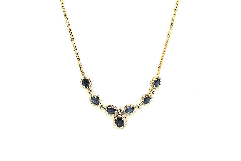 women’s layered necklaces-Blue Sapphire And Diamond 7 Stone Cluster Necklace Ad No.0649