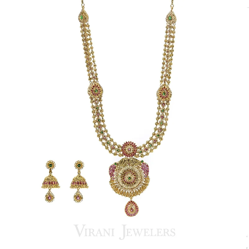 women’s pearl-studded necklaces-22K Gold Antique Necklace and Earrings Set