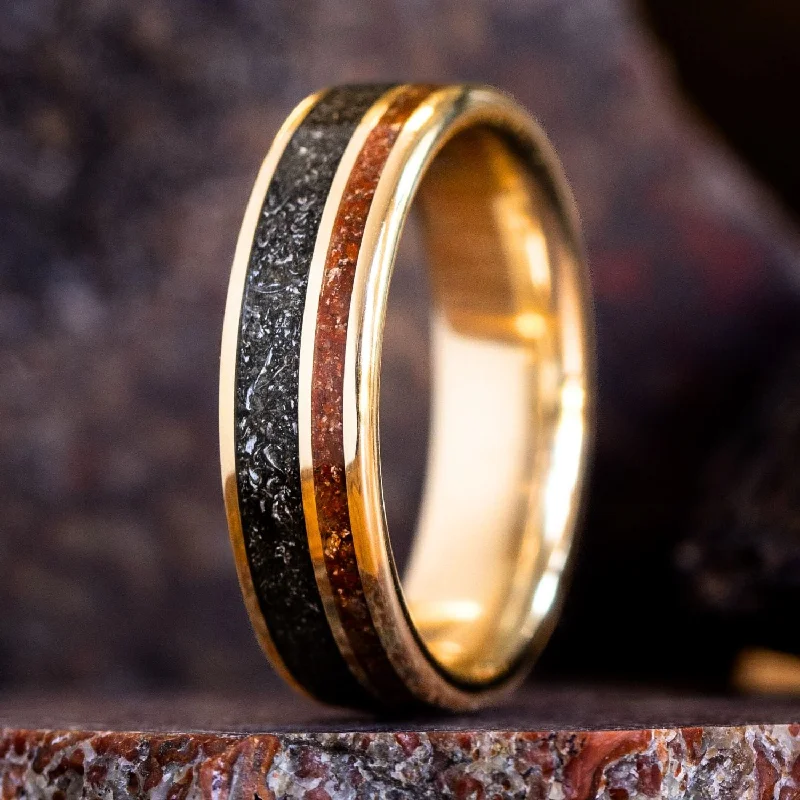 women’s classic diamond engagement rings-The Starborne Relic | Men's Gold, Dinosaur Bone & Black Meteorite Wedding Band