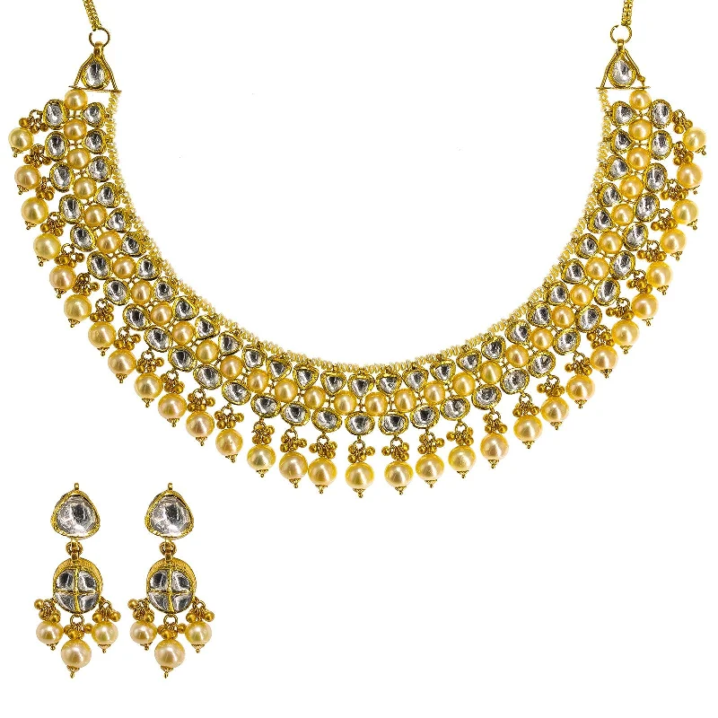 women’s boho necklaces-22K Yellow Gold Kundan Necklace & Earrings Set W/ Hanging Pearls, 97.1g