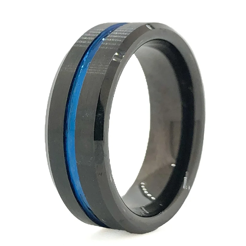 women’s halo engagement ring with diamond-Blue Line & Black Tungsten Wedding Bands