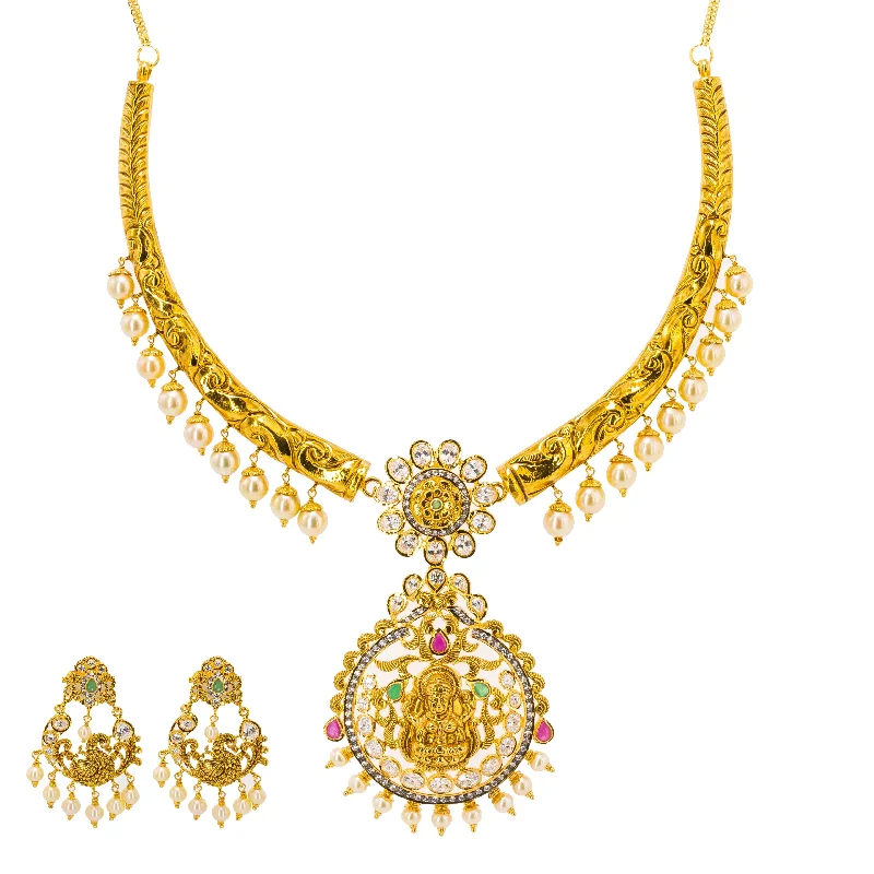 women’s moon necklaces-22K Yellow Gold Hasdi Paachi Necklace & Chandbali Earring Set W/ Rubies, Emeralds, CZ Gems & Pearls