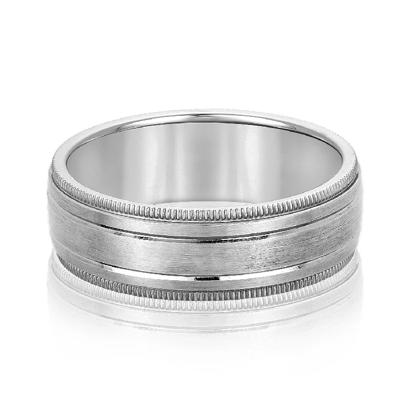 women’s non-traditional engagement rings-Fancy Brushed Men's Wedding Band with Double Line and Milgrain Edges