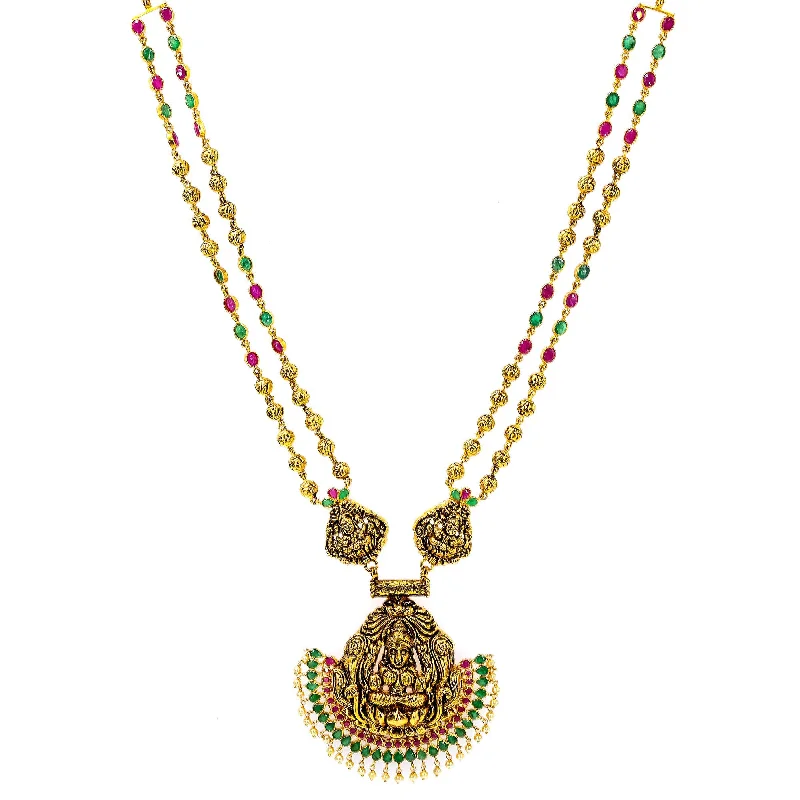 women’s trendy necklaces-22K Yellow Antique Gold Laxmi Haaram Necklace W/ Emeralds, Rubies, Pearls & Ornate Fan Design