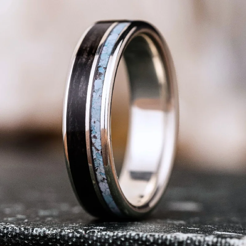 women’s affordable custom engagement rings-The Spirit of Sonora | Men's Silver Whiskey Barrel Wood & Turquoise Wedding Band