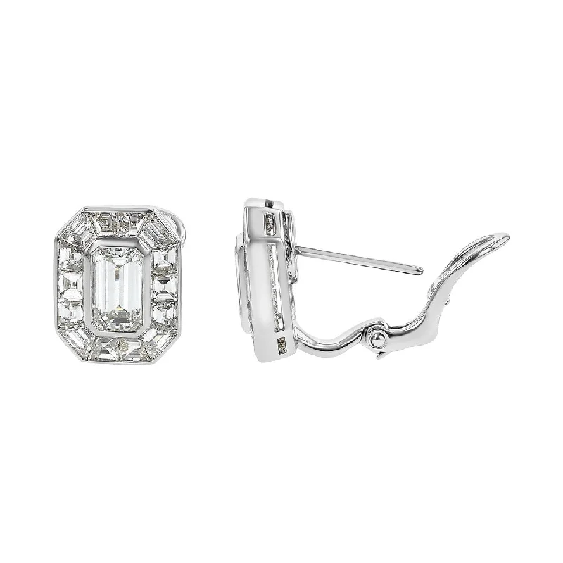 women’s custom-designed earrings-Platinum Emerald-cut Diamond and Halo Stud Earrings