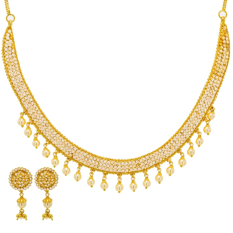 women’s gold-plated necklaces-22K Yellow Gold Necklace & Drop Earrings Set W/ CZ Polki & Drop Pearls