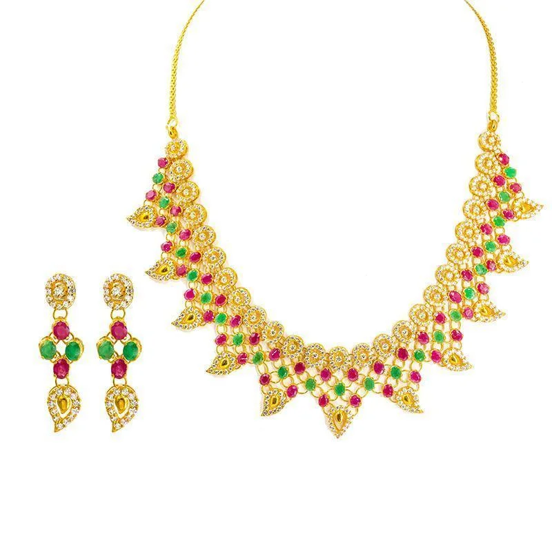 women’s statement chokers-22K Gold Ruby Emerald CZ Necklace and Earrings Set