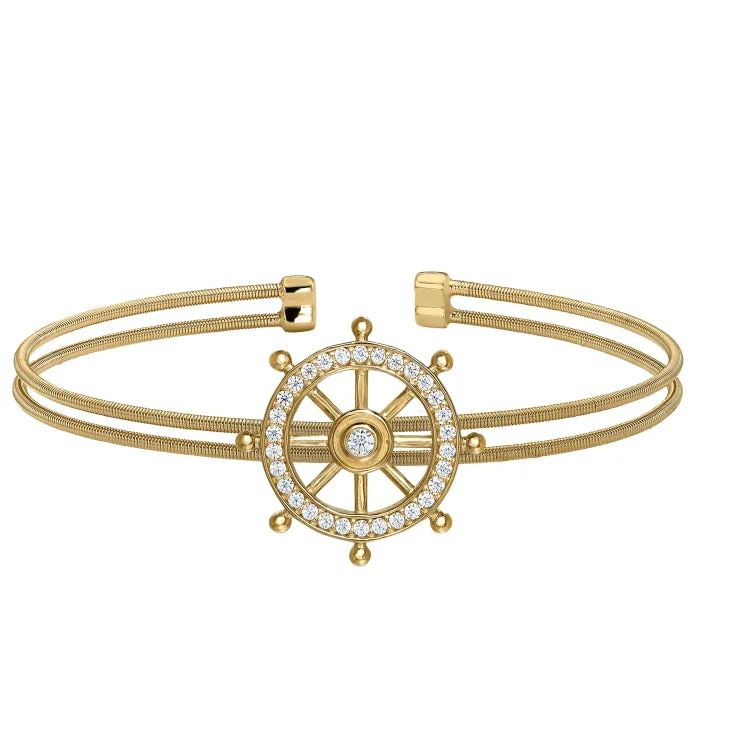 women’s cuff bangles-Gold Finish Sterling Silver Two Cable Ships Wheel Cuff Bracelet Bracelet with Simulated Diamonds