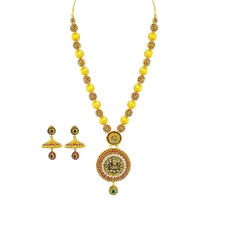 women’s engraved necklaces-22K Yellow Gold Necklace & Jhumki Earrings Set W/ CZ, Ruby, Emerald, Ornate Laxmi Pendant & Floral Accent Chain