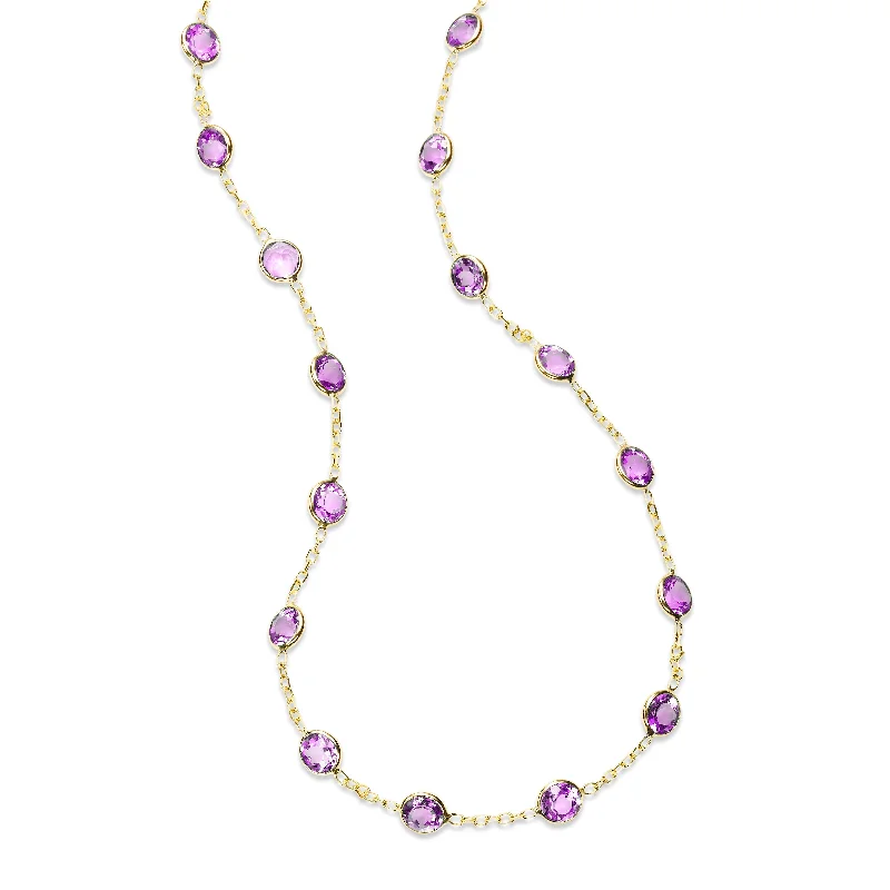 women’s vintage gold necklaces-Bezel Set Amethyst Station Necklace, 18 Inches, 14K Yellow Gold